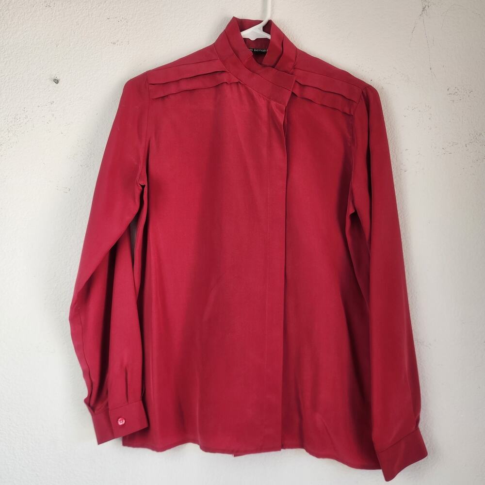Vintage Harve Bernard Silk Red Blouse Size 4 Long Sleeve High Neck